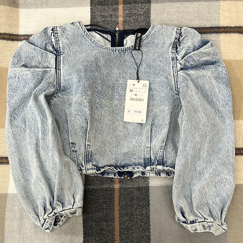 NWT Zara Denim Puff Sleeve Crop Top